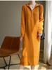 Women's Loose Casual Knitted Woolen Dress - Autumn/Winter 2024, Over-the-Knee, Half-Zip Lapel.