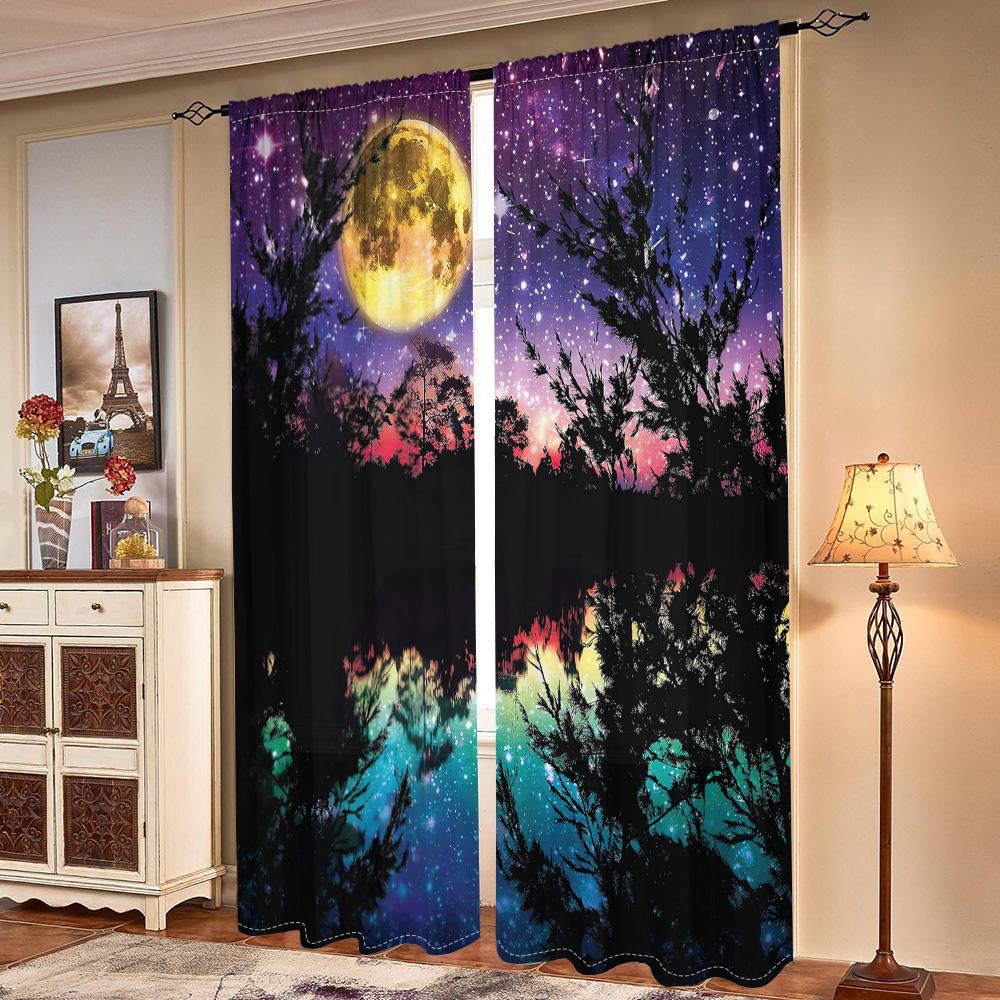 2 pieces, purple starry sky, moon, trees, lake curtains, filter, suitable for living room, kitchen, bedroom, home decoration