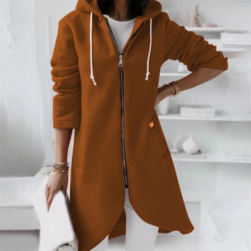 Autumn Winter Women's Solid Hooded Coat Mid Length Loose Zipper Female Windbreaker Jacket New Outdoor Cardigan Outwear