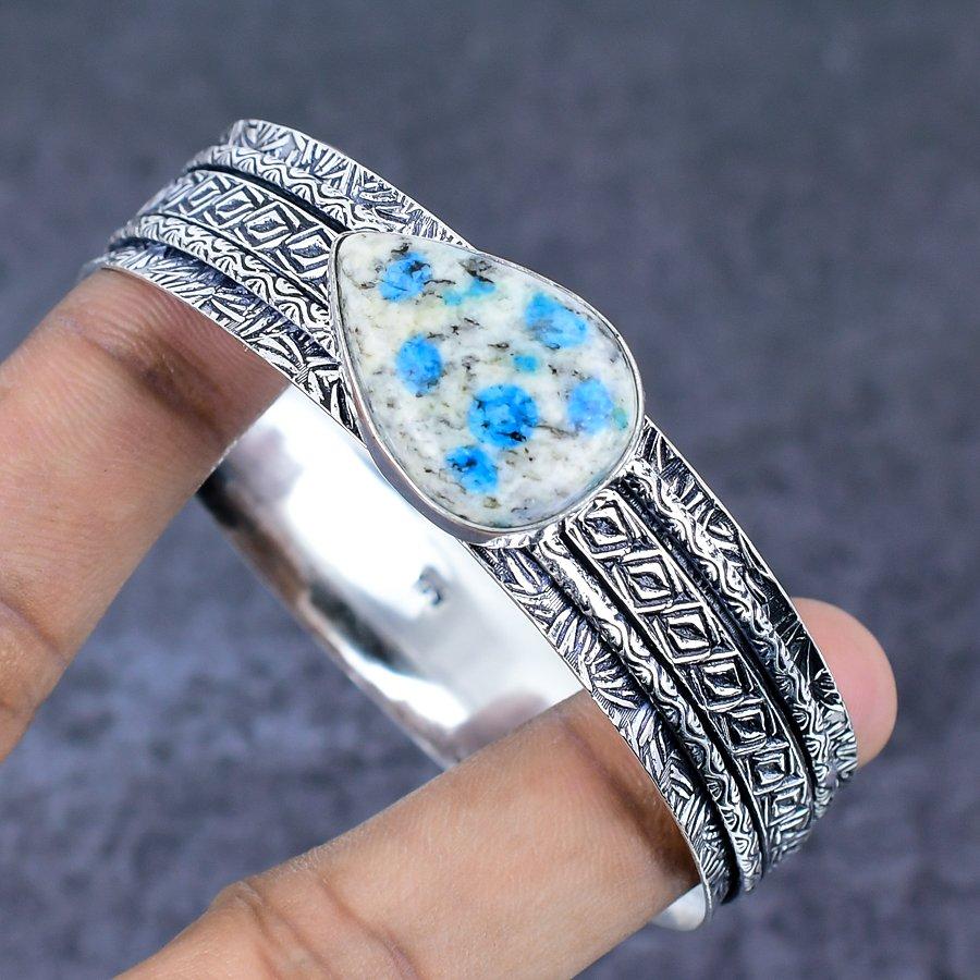 K2 Blue Azurite Gemstone Handmade 925 Sterling Silver Cuff Bangle 7.5" N6K14