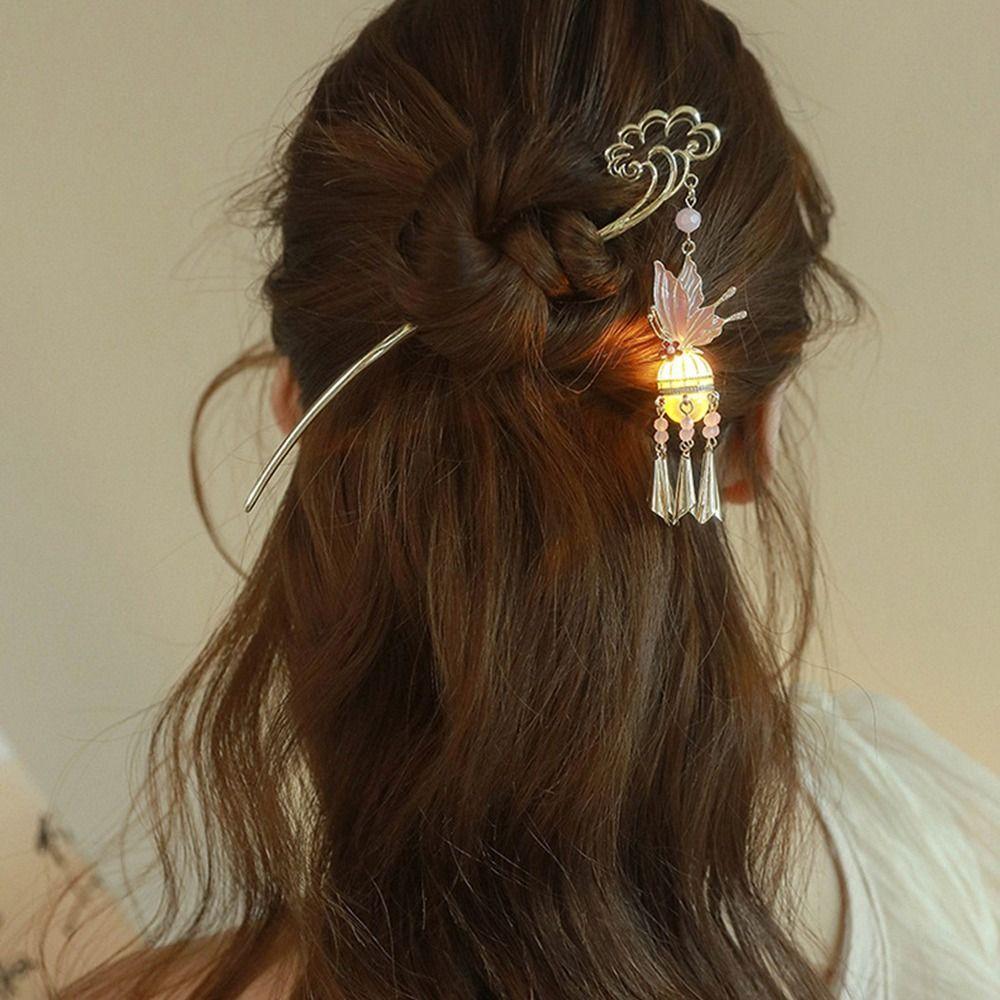 Luminescent LED Lantern Tassel Hair Stick Pearl Hanfu Hair Clip Classical Butterfly Hairpin  Women