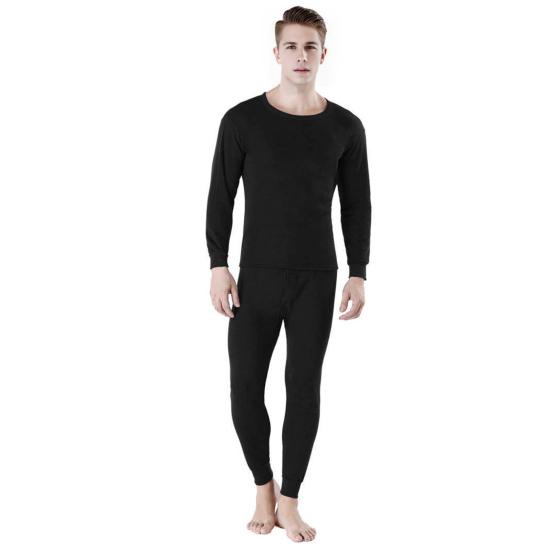 2Pcs/Set Men Warm Suit O-Neck Long Sleeve Tops Elastic Waist Long Pants Set Solid Color Plush Lining Pajamas Set
