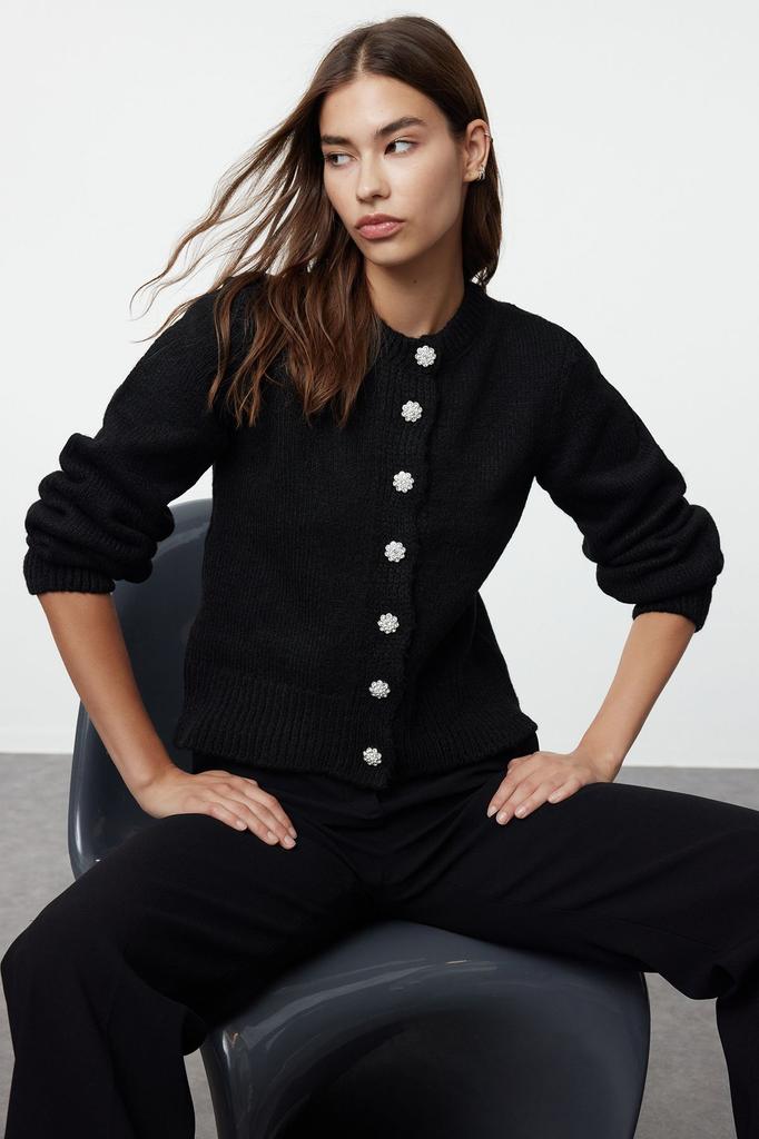 Women's Elegance Style Cardigan Stone Soft Textured Jewel Buttoned Jacket Look Knitwear Cardigan