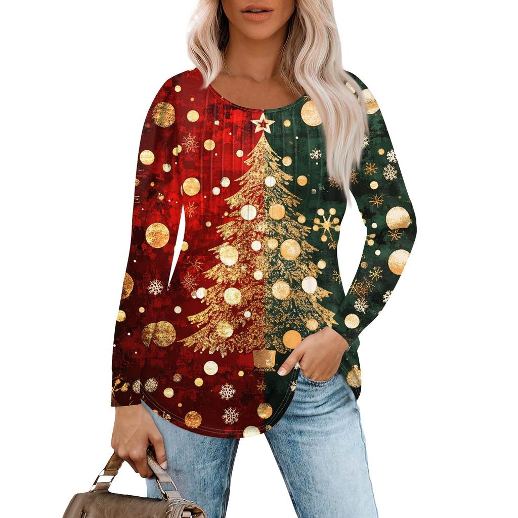 Women's Casual Top Christmas Printed Round Neck Long Sleeved Pleated T-shirt
