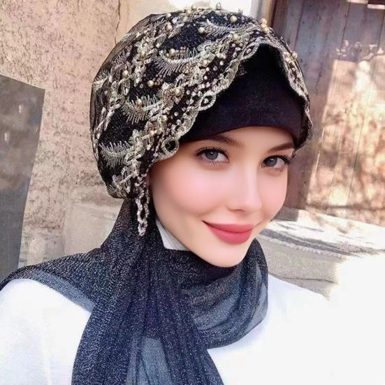 Lace Stretch Turban Hat for Women Pre-Tied Head Scarf Wrap Slip-on Chemo Hat Soft Skull Cap for Hair Loss