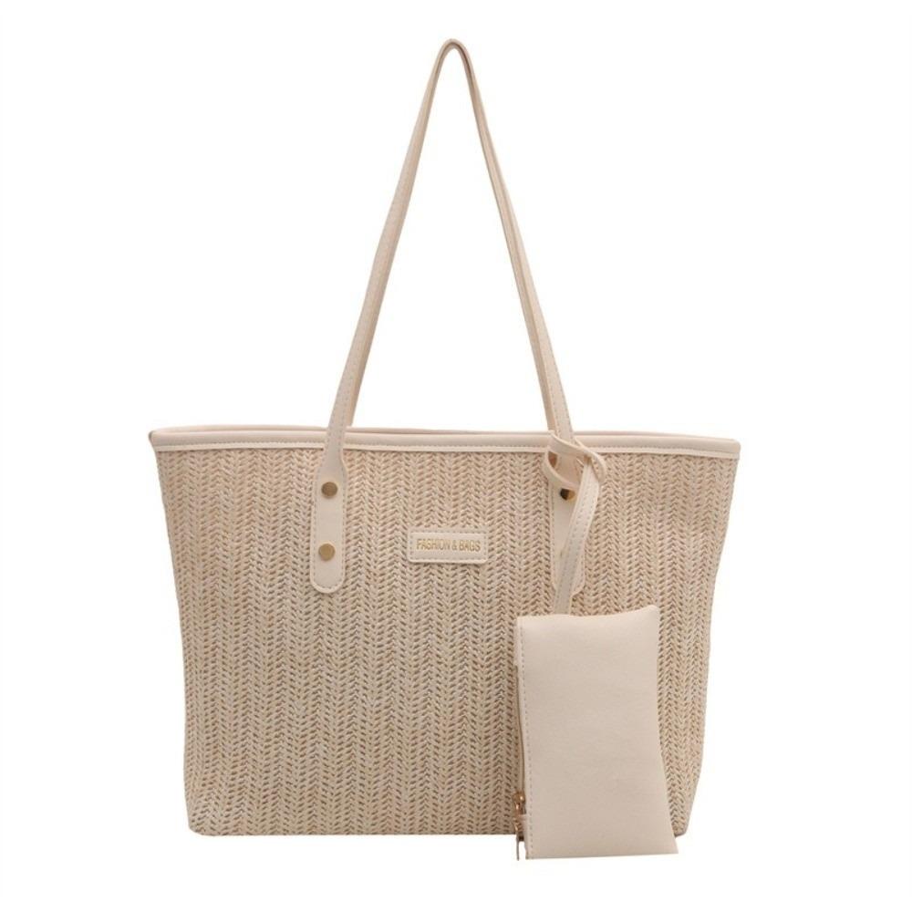 PU Weave Tote Bag Solid Color Beach Straw Handbag Simple Straw Shoulder Bag Women