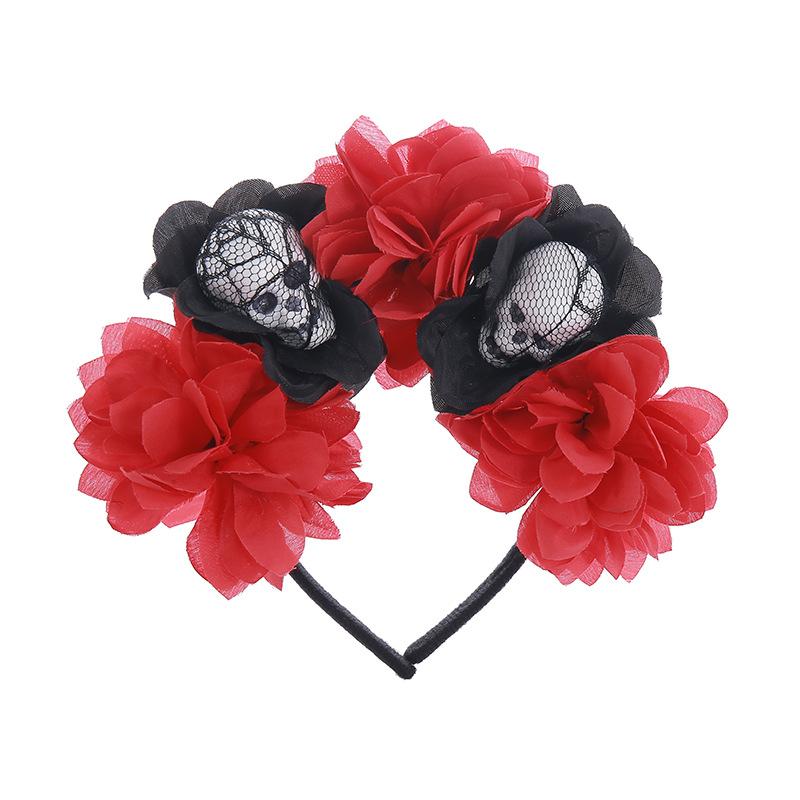 Хэллоуин Заколка для головы Нежить Праздничный головной убор Черный и красный Имитация цветов Череп Вечеринка Повязка на голову
