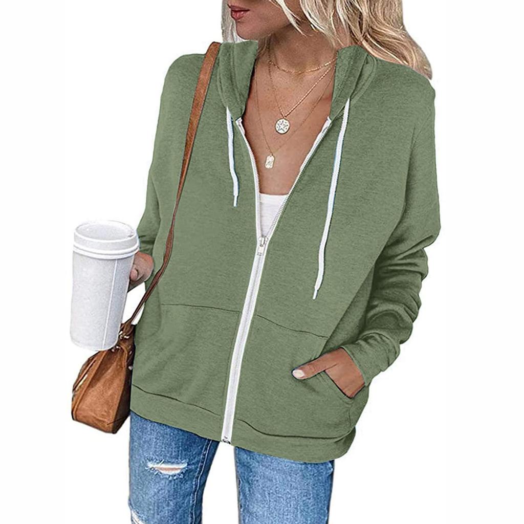 2021 Cross-Border Autumn/Winter Solid Color Hooded Zip-Up Sweatshirt with Drawstring and Pockets