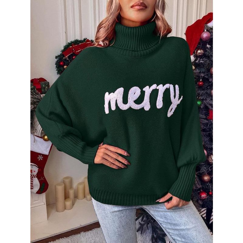 Autumn Winter High Collar Letter Patchwork Sweater Women Loose Casual Christmas Bottomed Knitting Pullover Top