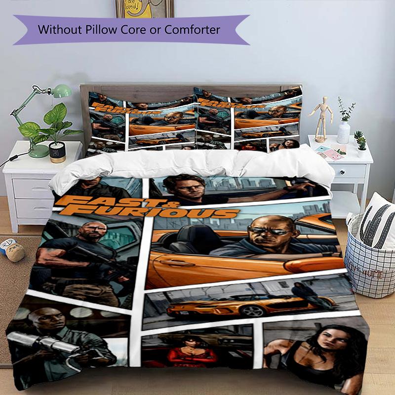 3pcs Duvet Cover Set (1*Duvet Cover + 2*Pillowcase, Without Core), Fast & Furious Print Bedding Set, Bedroom Decor, All‑Season, Birthday Gift