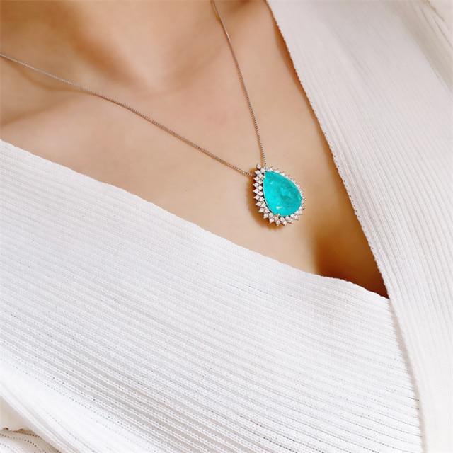 Ladies 925 Sterling Silver Chain Necklace Paraiba Emerald Tourmaline Gemstone Pendant Necklace Water Drop Fine Jewelry