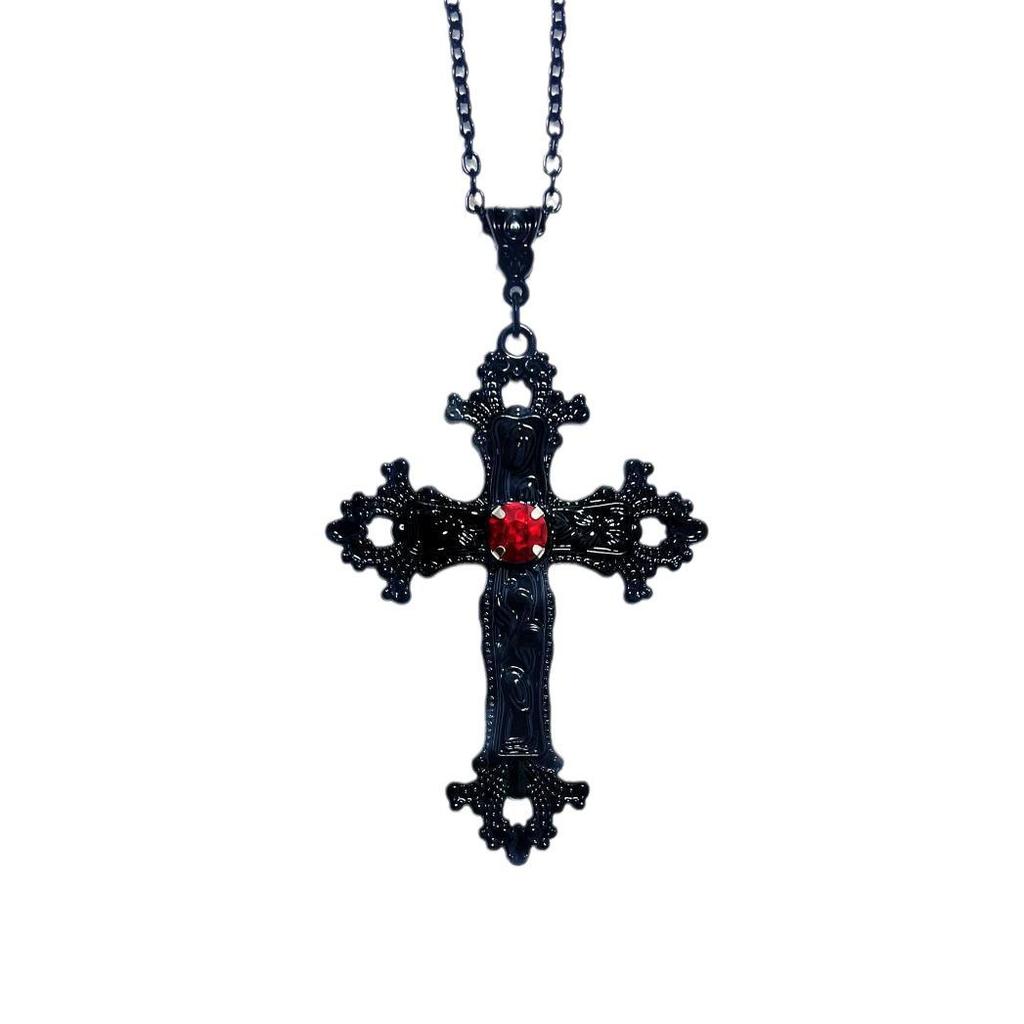 Gothic Y2K Punk Crystal Black Cross Pendant Choker Necklace for Women