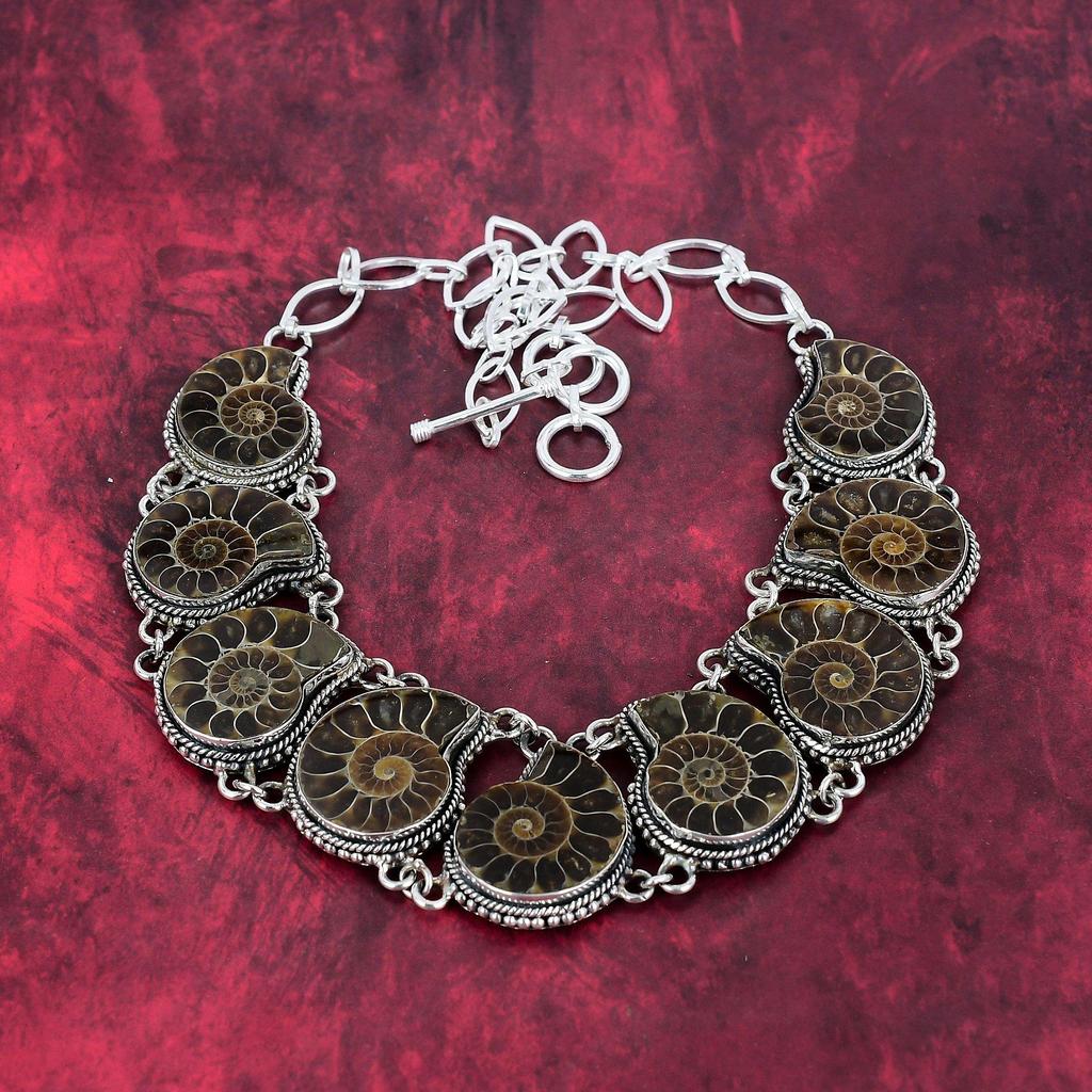 Ammonite Fossil 925 Solid Sterling Silver Necklace with Adjustable Chain, Handmade Gemstone Jewelry Necklace For Memorial Day