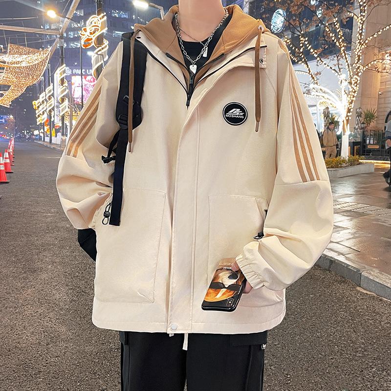 Куртка мужская весна и осень новый стиль с капюшоном свободная рабочая одежда модная горная куртка для отдыха на открытом воздухе водонепроницаемая подходящая по цвету повседневная мужская куртка
