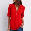 Shirt V-neck Zipper Plus Size Women's Long Sleeved Loose Chiffon Shirt with Adjustable Sleeves