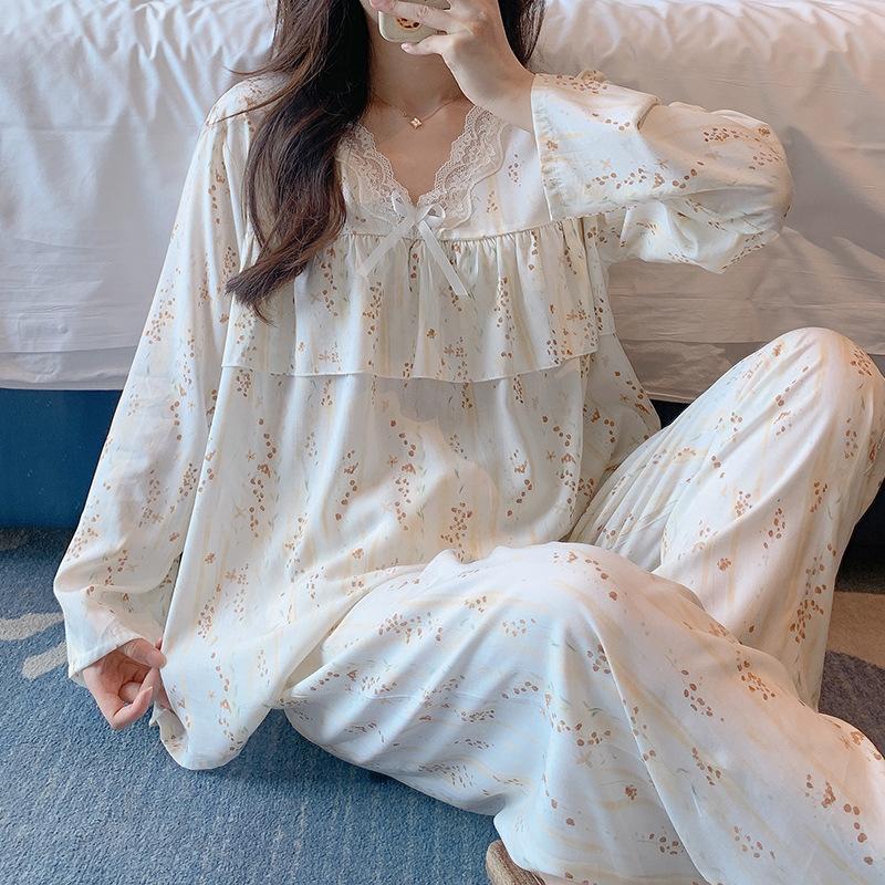 Cotton and silk pajamas women's spring and autumn 1011 new summer large size sweet pastoral style long sleeve anti-bumping loungewear set