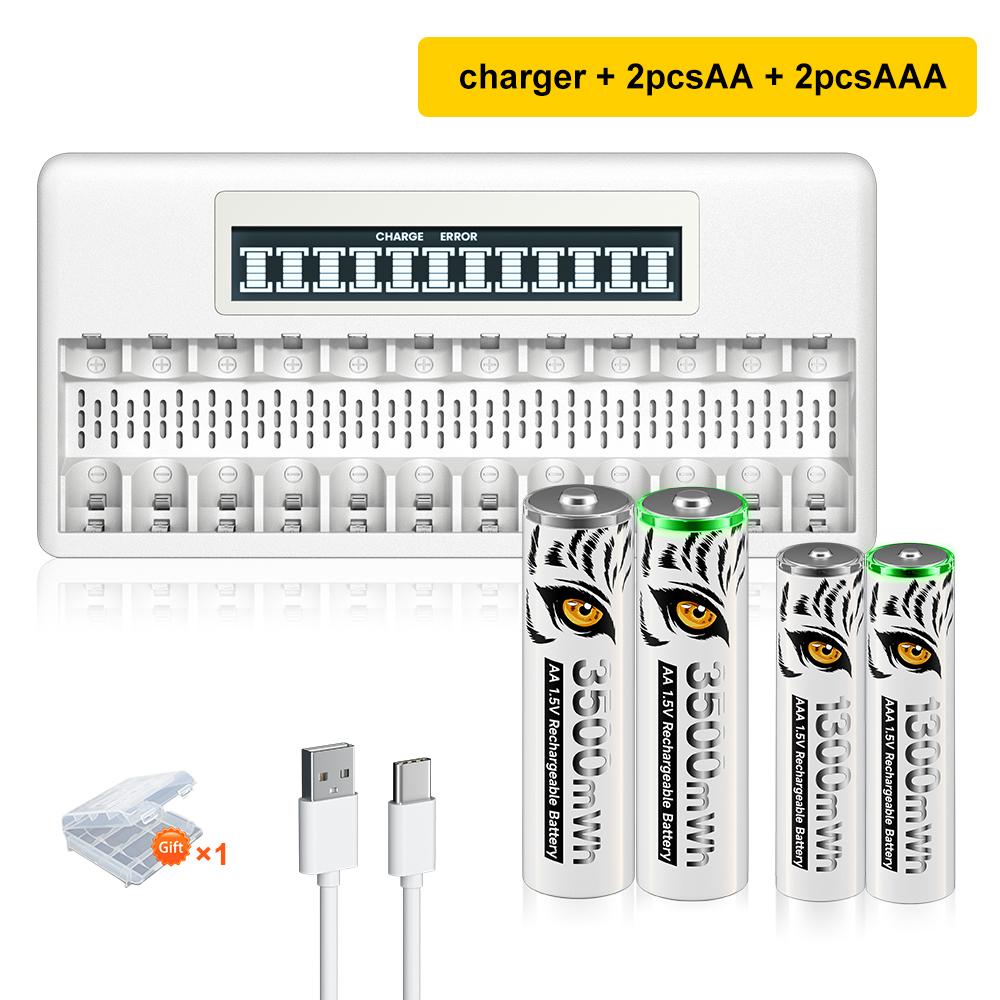 PALO 4-40 Pcs Rechargeable AA+AAA 1.5V Li-ion Batteries 3500+1300 mWh HR6 HR03 Battery with 12 Slots LCD USB 1.5V Li-ion Battery Charger