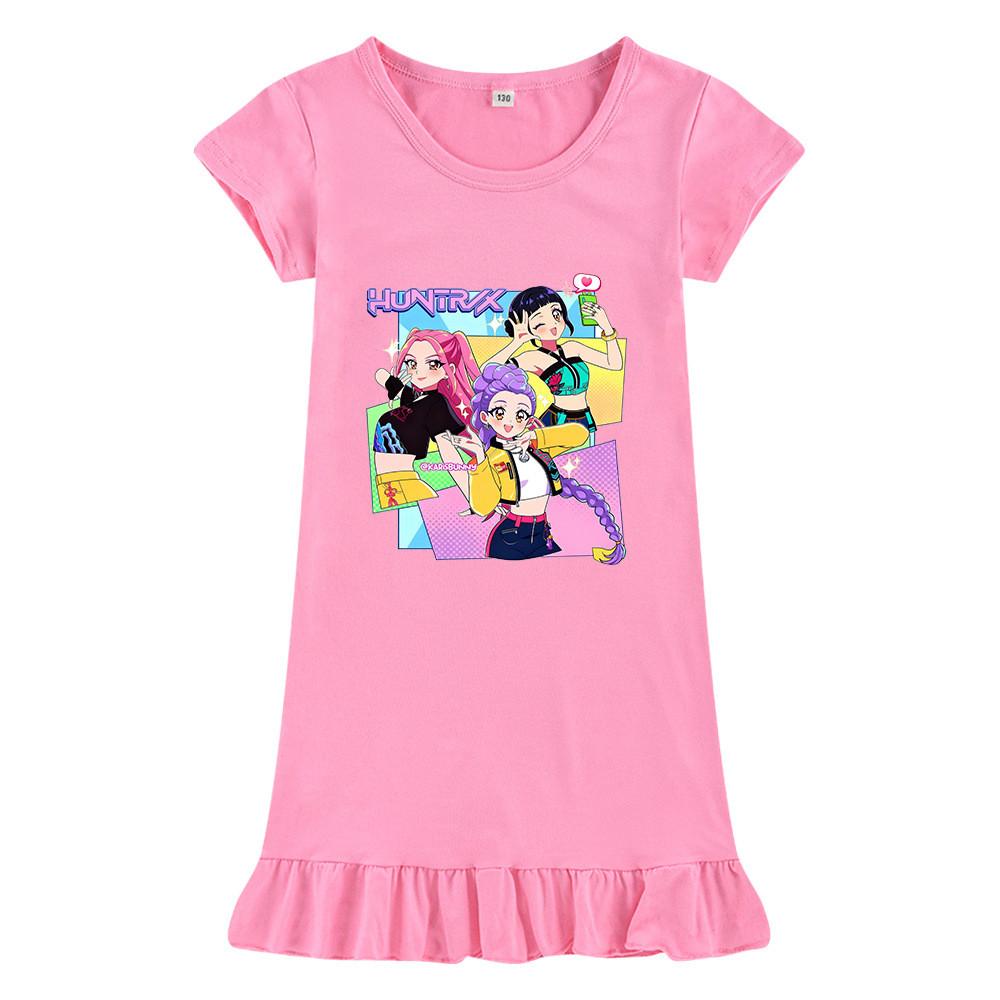 M1232 Kids Girls Kpop Rumi Zoey Mira Print Short Sleeves Ruffle Dress