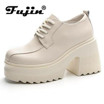 Fujin туфли-лодочки на танкетке на платформе 10 см, брендовая обувь высокого качества на весну и осень, ботильоны до середины икры, женские ботильоны, женская обувь