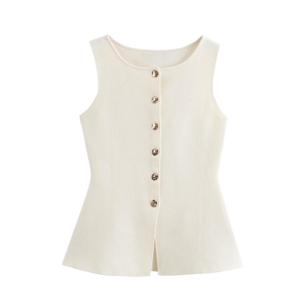 European & American Women's Fashion 2024 Gold Button Flat Stitch Vest Top