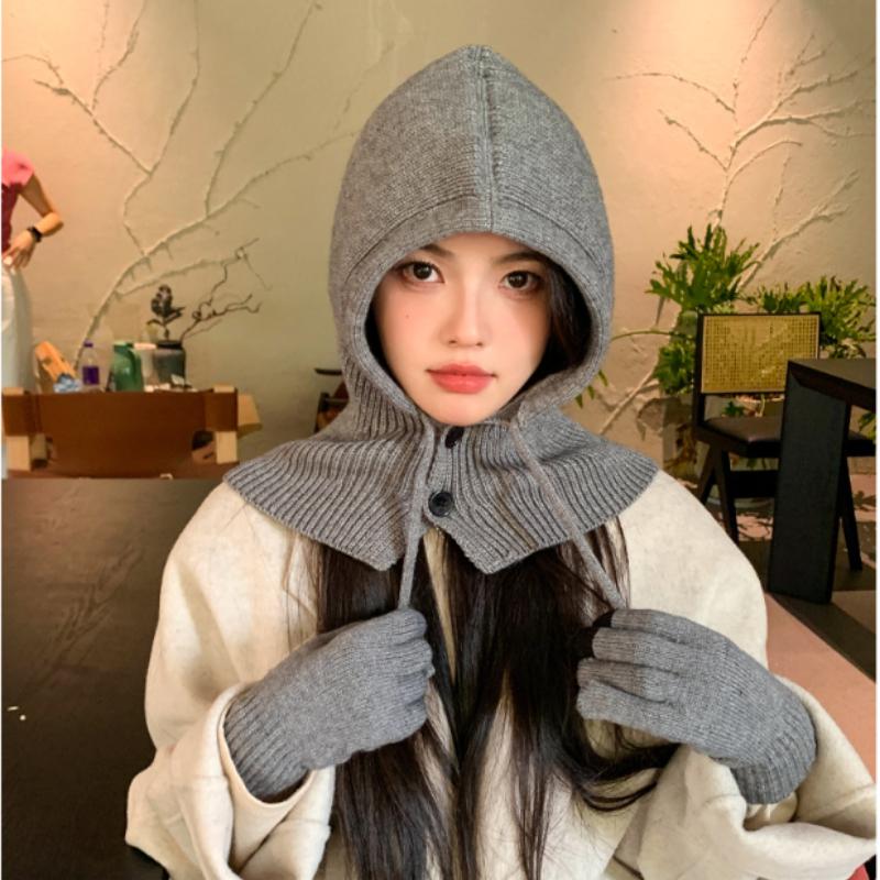 Winter Outdoor Warmer Balaclava Hats Women Girls Knitted Hooded Hats Scarf and Gloves Set Drawstring One-piece Neck Collar Beanies Caps