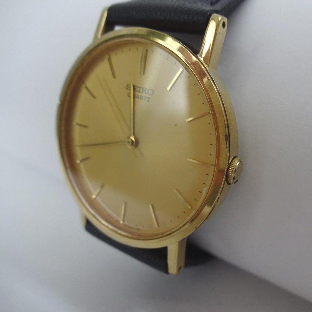 Used SEIKO Quartz Watch Gold Dial Black Leather Strap 2C21-0120