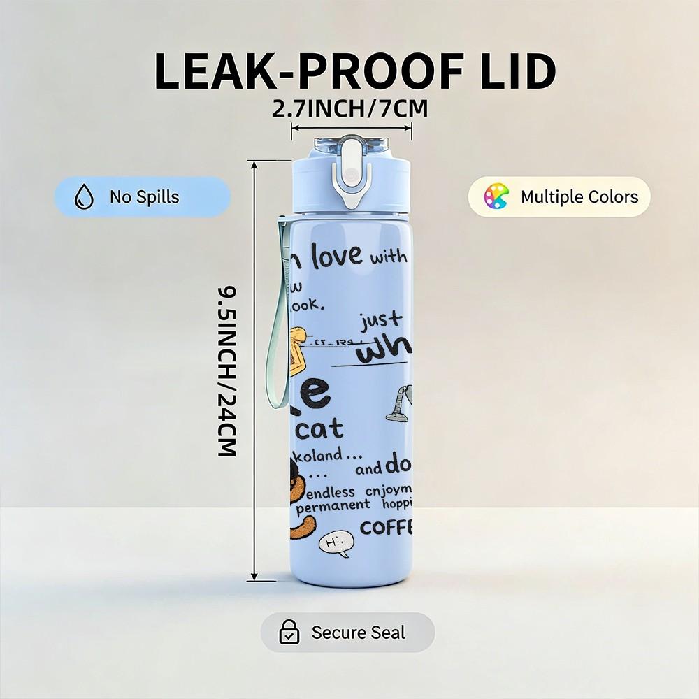 1PC Cake Coffee Doodle Sketch 750ml Color Plastic Sports Water Bottle Leakproof Flip Straw Lid Suitable for Sports Office Home Use