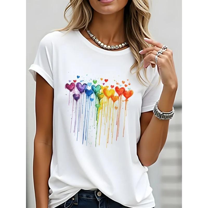 Summer Round Neck Heart-shaped Printed Top Fashionable Casual Short Sleeved Pure Cotton Women's T-shirts