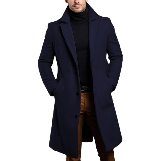 Men Solid Color Woolen Coat Autumn Winter Mid-Length Windbreaker with Pockets Lapel Long Sleeve Single Breasted Formal Outwear