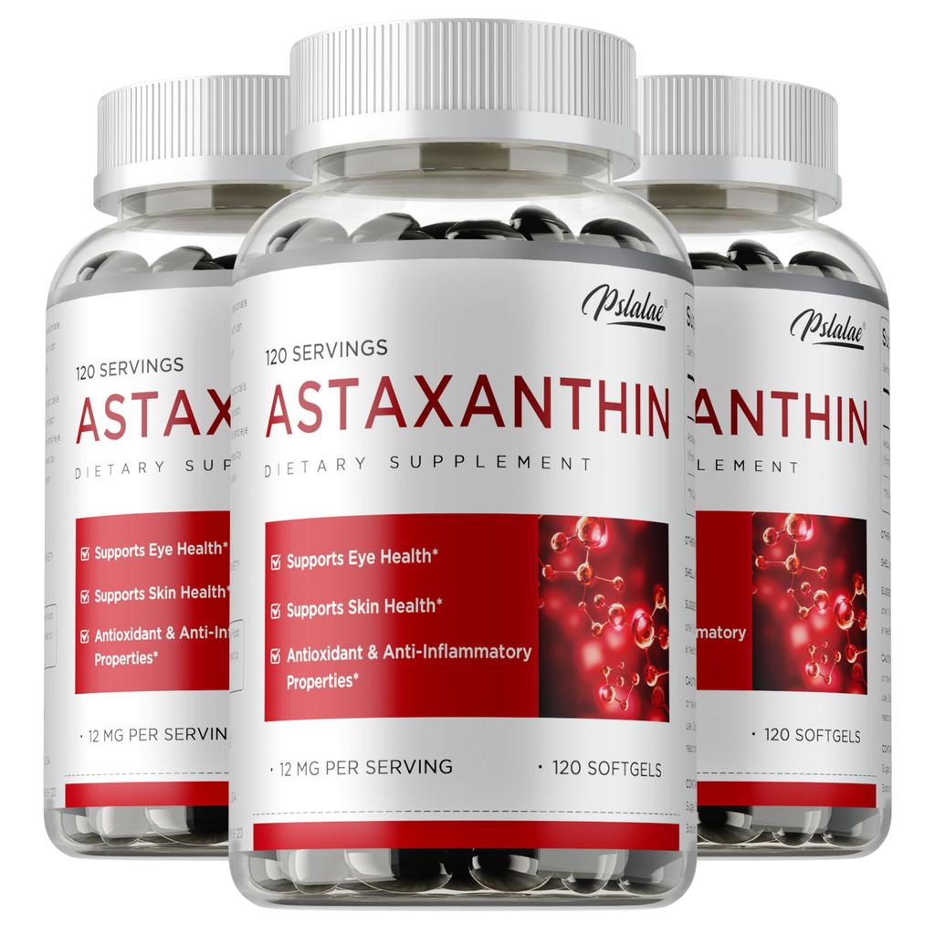 Natural astaxanthin softgels, antioxidant support, skin brightening, suitable for adults.
