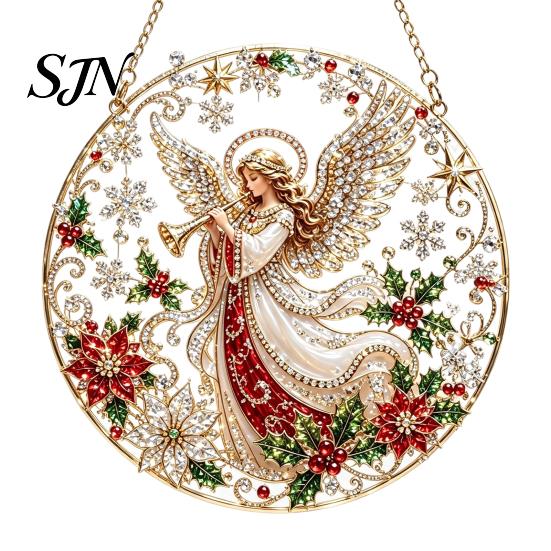 Festive Indoor Winter Ornament Christmas Faux Diamond Art Kit, Santa Angel Sun Catcher DIY Acrylic Sparkling Holiday Home Decor Round