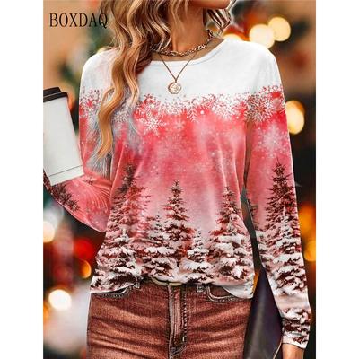 Осень-зима, снежный пейзаж, рождественский стиль, женские футболки с длинным рукавом, 3d принт, уличные женские футболки в стиле хип-хоп, повседневные топы больших размеров 6XL