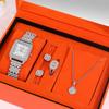 5PCS Personalized Luxury Women's Pointer Digital Quartz Watch Girls' Square Pendant Necklace with Diamond Earrings Ring Jewelry Set for Girls