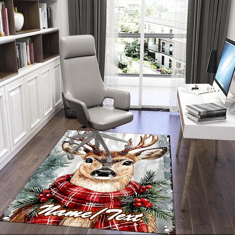1PC Custom Name Winter Deer Plaid Theme Floor Mat Ideal for Living Room, Game Rooms, Office, Bedroom,Floor Mat Playful Design