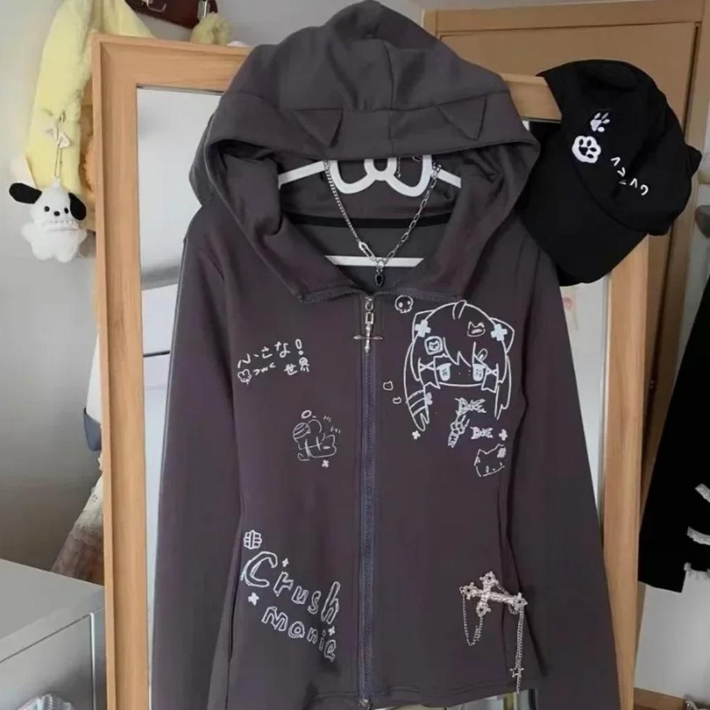 2KWEIRD Японский Милый Кошачьи Ушки E-Girls Слим Субкультура Универсальный Аниме Толстовки с Капюшоном С Длинным Рукавом