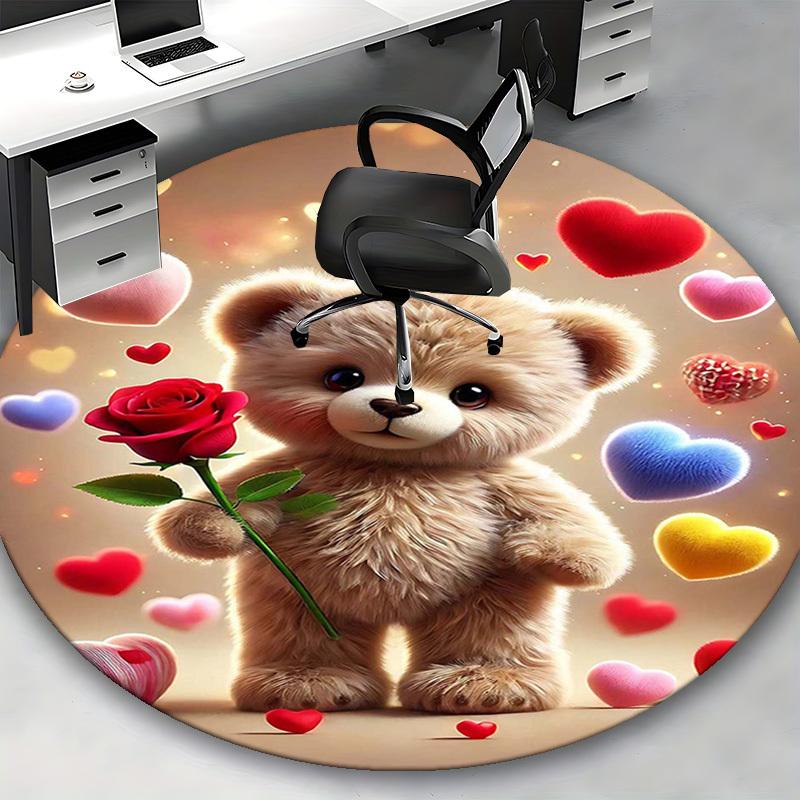 1pc Cute Teddy Bear with Rose Round Carpet - Anime Design, Valentine's Day Gift, Office Chair Mat, Non-Slip Rug for Home Decor.D001