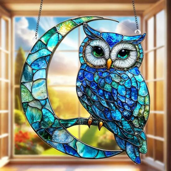 Owl Ornament Stained Glass Blue Green Sun Catcher Enchanting Birds