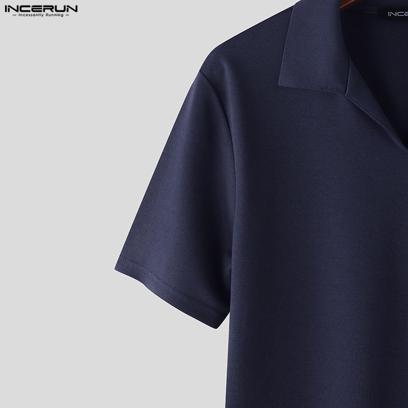 INCERUN Мужские футболки с лацканами, коротким рукавом, однотонные, повседневные, приталенные