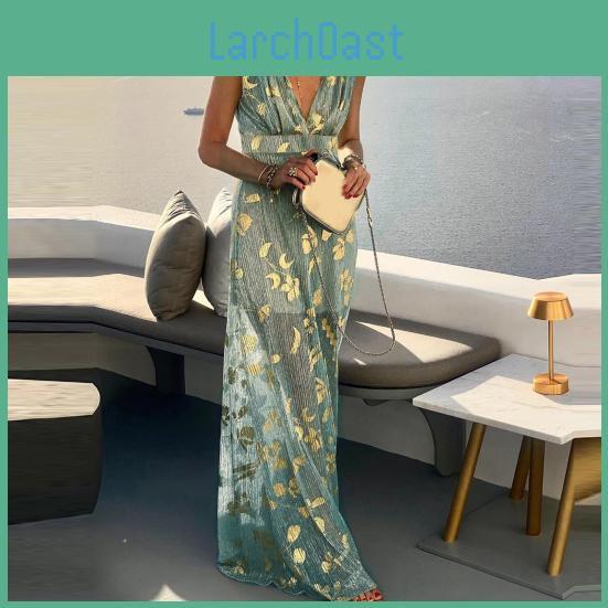 Party Highwaisted Sleeveless Dress Quick Drying Stylish Summer Bronzing Pattern Gown Long Dress Female Clothing