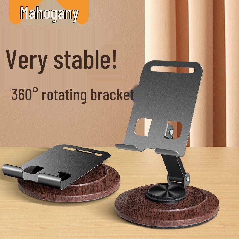 Walnut Wood Rotating Metal Phone Stand – Adjustable Desktop Holder for Streaming and Viewing