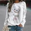 Summer Women's Fashion Casual T-shirt Top Cute Cat 3D Digital Print Loose Long Sleeve Round Neck Street Sportswear