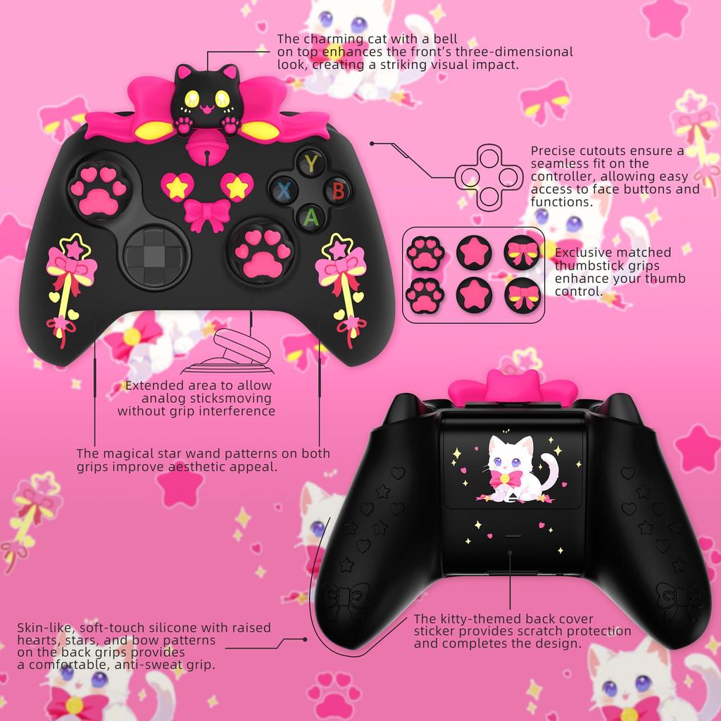 PlayVital Sweetheart Kitty Silicone Cover for Xbox Series Includes Thumb Grips and Cute Grip Cover X/S Controllers, Stickers, Design, Non-Slip [Black]