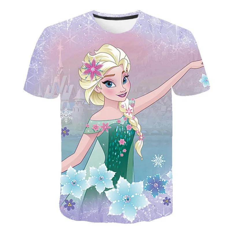 2026 Новая летняя футболка Disney Холодное Сердце 3D-печать Анна Эльза Печать Топы для девочек Холодное Сердце Снежная Королева Анна Эльза Мультяшная Печать Рубашки