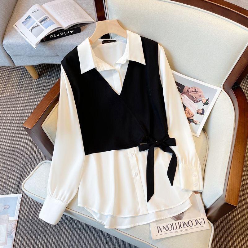 New French Style Top for Women with A Niche Design, Unique Splicing, Fake Two-piece Shirt Trend