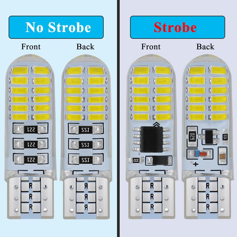 2 PCS T10 W5W LED Strobe Signal Lights 12V 4014 24-SMD 7500K White Waterproof Car Linse Plate Trunk Wedge SIde Flash Lamps