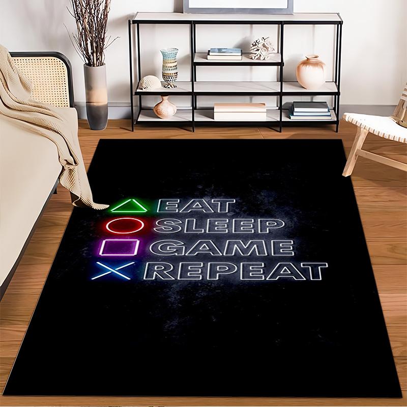 Gaming Carpet with "Eat Sleep Game Repeat" Neon Pattern Design Suitable for use as an anti-slip for living room bedroom sofas