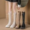 Fashion Women Summer Knee-high Mesh High Boots Female Breathable Platform Mesh Lace-up Knight Boots Thick Heel Hollow Long Knight Botas