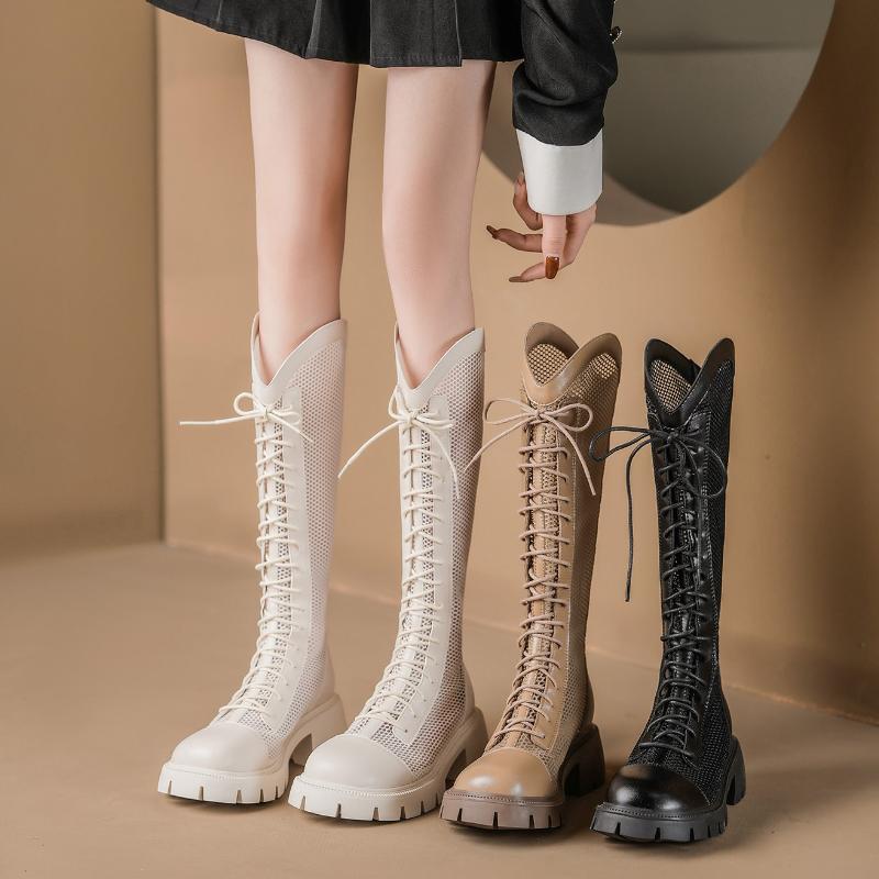 Fashion Women Summer Knee-high Mesh High Boots Female Breathable Platform Mesh Lace-up Knight Boots Thick Heel Hollow Long Knight Botas