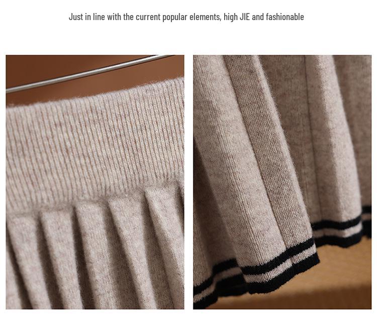 Color-Blocked Pleated Wool Knit Skirt - Elastic Waist, Korean Style, Autumn/Winter Casual Mini Skirt for Women