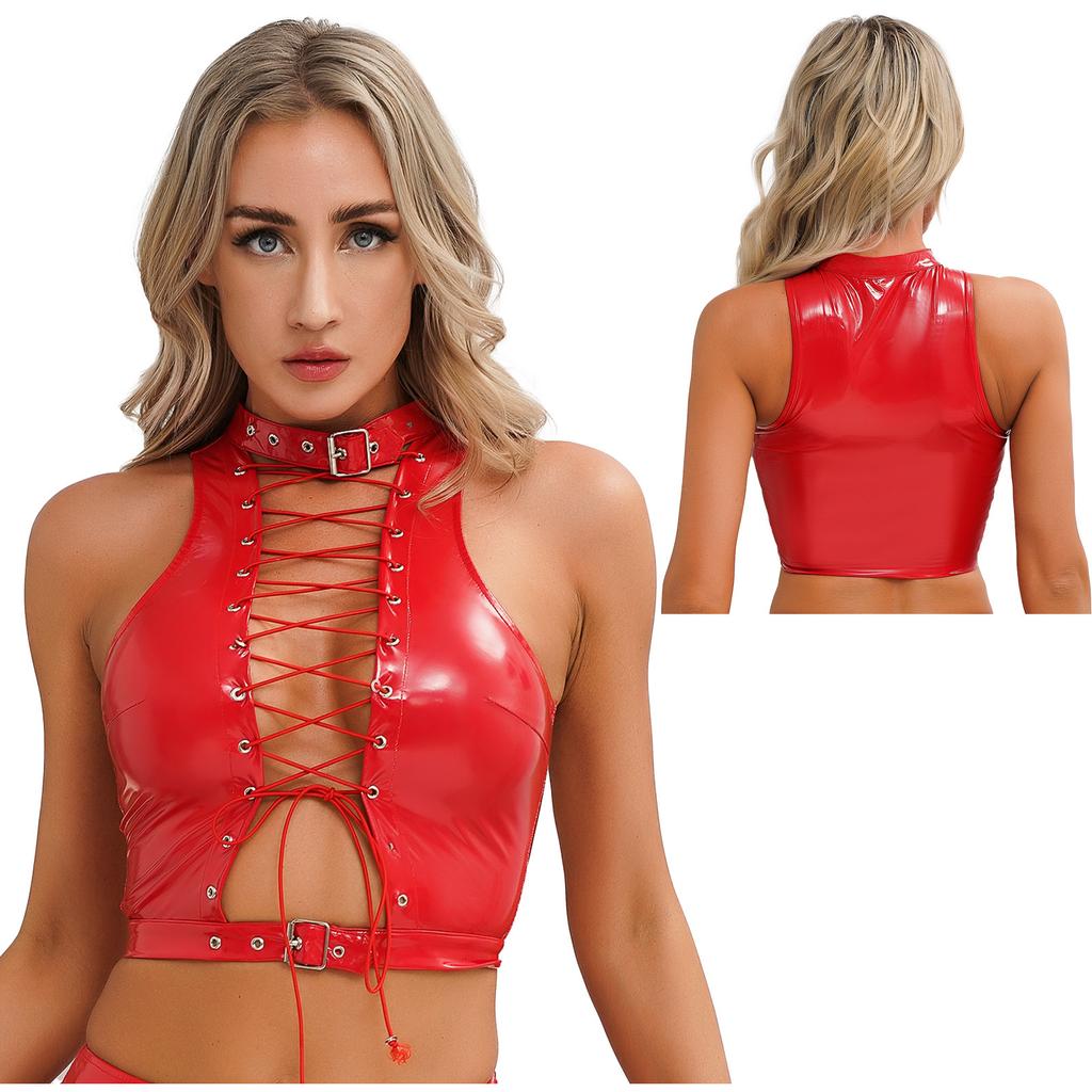 Women Shiny PU Leather Hollow Out Crop Top Sleeveless Lace Up Tank Top Clubwear